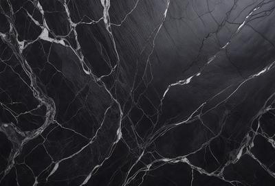 The primary subject of the image is a marble countertop with a black and white pattern. The setting is a kitchen, and the visual style is a close-up of the marble countertop. The colors and mood of the image are predominantly black and white, giving it a classic and elegant appearance.