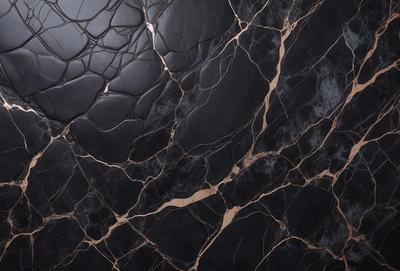 The primary subject of the image is a black marble countertop with a patterned texture. The setting is a kitchen, and the visual style is a close-up of the marble countertop. The colors and mood of the image are dark and moody, with the black marble providing a striking contrast against the surrounding environment.