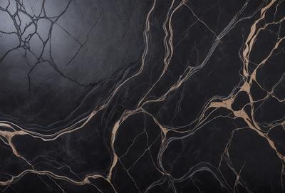 The primary subject of the image is a close-up of a marble countertop. The setting is a kitchen, with the countertop being the main focus of the scene. The visual style is a photo, capturing the intricate details of the marble surface. The colors and mood of the image are predominantly black and white, giving it a classic and elegant appearance.