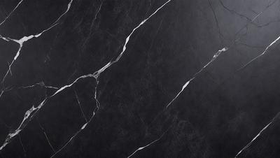 The primary subject of the image is a black marble countertop. The setting is a kitchen, with the countertop being the main focus of the scene. The visual style is a close-up of the marble countertop, showcasing its texture and details. The colors and mood of the image are dark and moody, with the black marble countertop being the dominant color.