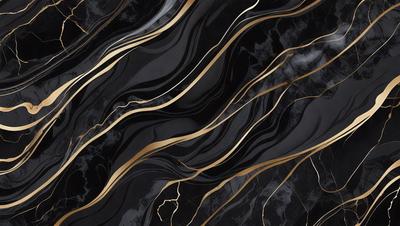 The primary subject of the image is a black and gold marble pattern. The setting is a black background, and the visual style appears to be a photo. The dominant colors are black and gold, creating a sophisticated and elegant atmosphere.