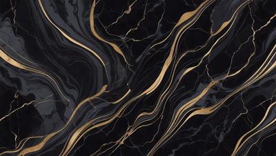The primary subject of the image is a marble countertop with a gold-colored design. The setting is a kitchen, and the visual style is a close-up of the marble countertop. The colors and mood of the image are predominantly black and gold, creating a luxurious and elegant atmosphere.