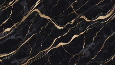 The primary subject of the image is a marble countertop with a gold and black pattern. The setting is a kitchen, and the visual style is a close-up of the countertop. The dominant colors are gold and black, creating a luxurious and elegant atmosphere.