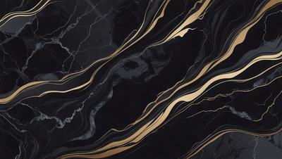 The primary subject of the image is a marble countertop with a gold and black pattern. The setting is a kitchen, and the visual style is a close-up of the countertop. The dominant colors are gold and black, creating a luxurious and elegant atmosphere.