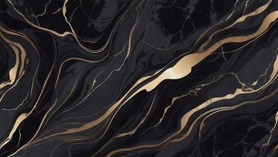 The primary subject of the image is a marble countertop with a gold-colored design. The setting is a kitchen, and the visual style is a close-up of the countertop. The colors and mood of the image are predominantly black and gold, creating a luxurious and elegant atmosphere.