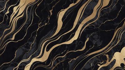 The primary subject of the image is a marble countertop with a gold and black pattern. The setting is a kitchen, and the visual style is a close-up of the countertop. The dominant colors are gold and black, creating a luxurious and elegant atmosphere.