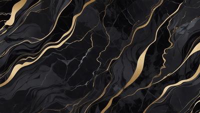 The primary subject of the image is a marble countertop with a gold-colored design. The setting is a kitchen, and the visual style is a close-up of the marble countertop. The colors and mood of the image are predominantly black and gold, giving it a luxurious and elegant appearance.