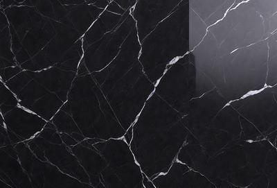 The primary subject of the image is a marble wall with a black background. The setting is a room with a black and white marble wall, which creates a striking contrast. The visual style is a close-up of the marble wall, showcasing its texture and pattern. The colors and mood of the image are predominantly black and white, giving it a classic and elegant appearance.
