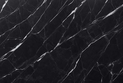 The primary subject of the image is a marble countertop with a black and white pattern. The setting is a kitchen, and the visual style is a close-up of the marble countertop. The colors and mood of the image are predominantly black and white, giving it a classic and elegant appearance.