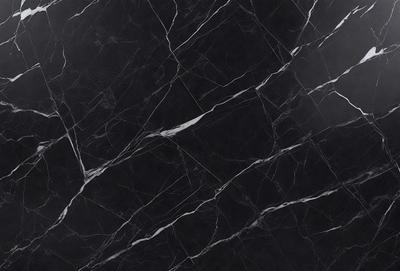 The primary subject of the image is a black marble countertop. The setting is a kitchen, with the countertop being the main focus of the scene. The visual style is a close-up of the marble countertop, showcasing its texture and pattern. The colors and mood of the image are predominantly dark, with the black marble countertop being the main source of contrast.
