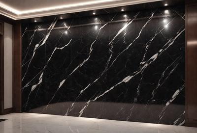 The primary subject of the image is a marble wall with a pattern of white and black stripes. The setting is a room with a black background, and the visual style appears to be a photo. The colors and mood of the image are predominantly black and white, giving it a classic and elegant appearance.