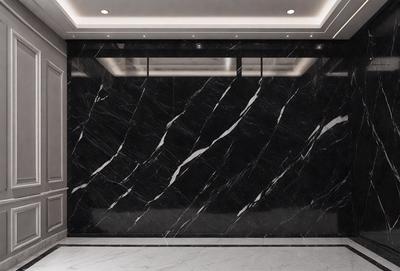 The primary subject of the image is a marble wall with a black background. The setting is a room with a marble wall, and the visual style is a photo. The colors and mood of the image are predominantly black and white, giving it a classic and elegant appearance.