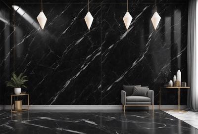 The primary subject of the image is a black marble wall with a black and white pattern. The setting is a room with a black chair and a couch placed in front of the wall. The visual style is a photo, and the colors and mood are dark and moody.