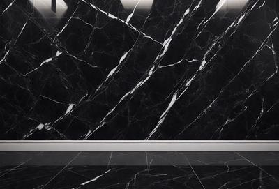 The primary subject of the image is a marble wall with a black and white pattern. The setting is a room with a black and white marble floor. The visual style is a close-up of the marble wall, showcasing its intricate design. The colors and mood of the image are predominantly black and white, giving it a classic and elegant appearance.