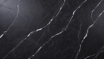 The primary subject of the image is a black marble countertop. The setting is a kitchen, with the countertop being the main focus of the scene. The visual style is a close-up of the marble countertop, showcasing its texture and details. The colors and mood of the image are dark and moody, with the black marble countertop being the dominant color.