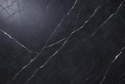 The primary subject of the image is a black marble wall with a pattern of white veins. The setting is a dark room, and the visual style is a close-up of the marble wall. The colors and mood of the image are dark and moody, with the black marble and white veins creating a striking contrast.