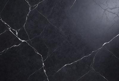 The primary subject of the image is a black marble tile wall. The setting is a room with a black tile floor. The visual style is a close-up of the tile wall, showcasing its texture and design. The colors and mood of the image are dark and moody, with the black marble tile creating a dramatic and sophisticated atmosphere.