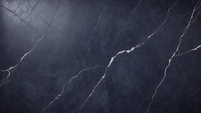 The primary subject of the image is a close-up of a marble wall with a cracked surface. The setting is a dark room, and the visual style is a photo. The dominant colors are blue and gray, creating a moody atmosphere.