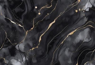 The primary subject of the image is a black and gold painting, featuring a marbled texture and a gold background. The setting is a black and gold background, which creates a striking contrast with the gold and black painting. The visual style is a painting, which showcases the artist's skill in creating a unique and eye-catching design. The colors and mood of the painting are bold and luxurious, with the gold and black colors evoking a sense of sophistication and elegance.