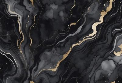 The primary subject of the image is a black and gold marble-like pattern. The setting is a black and gold marble-like surface, which is the background of the image. The visual style is a combination of a photo and digital art, creating a unique and intricate design. The dominant colors are black and gold, giving the image a luxurious and elegant appearance.