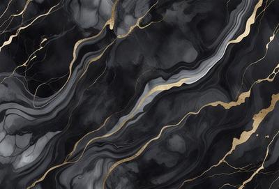 The primary subject of the image is a marble countertop with a gold-colored design. The setting is a kitchen, and the visual style is a close-up of the countertop. The dominant colors are black and gold, creating a luxurious and elegant atmosphere.