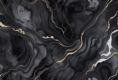 The primary subject of the image is a marble-like surface with a gold and black color scheme. The setting is a black and gold marble-like surface, which serves as the background. The visual style is a combination of a photo and digital art, creating a unique and intricate design. The colors and mood of the image are bold and luxurious, with the gold and black tones evoking a sense of sophistication and elegance.