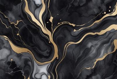 The primary subject of the image is a black and gold marble pattern. The setting is a black background, and the visual style appears to be a combination of a photo and digital art. The dominant colors are black and gold, creating a luxurious and elegant atmosphere.
