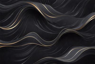 The primary subject of the image is a black and gold wave pattern. The setting is a black background, and the visual style appears to be a digital art or illustration. The dominant colors are black and gold, creating a striking and elegant appearance. The overall atmosphere of the image is sophisticated and artistic.