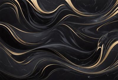 The primary subject of the image is a black and gold marble pattern. The setting is a black background, and the visual style appears to be a combination of a photo and digital art. The dominant colors are black and gold, creating a sophisticated and elegant atmosphere.