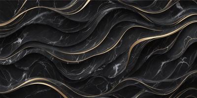 The primary subject of the image is a black and gold marble wall. The setting is a black and gold marble wall, which serves as the background. The visual style is a close-up of the marble wall, showcasing its intricate patterns and textures. The dominant colors are black and gold, creating a luxurious and elegant atmosphere.