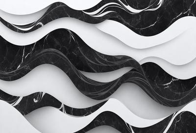 The primary subject of the image is a black and white marble pattern. The setting is a white wall, and the visual style is a combination of a photo and digital art. The dominant colors are black and white, creating a classic and elegant atmosphere.