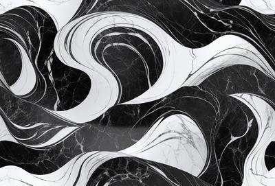 The primary subject of the image is a marble countertop with a black and white pattern. The setting is a kitchen, and the visual style is a photo. The countertop has a black and white marble pattern, giving it a modern and elegant appearance. The colors and mood of the image are predominantly black and white, creating a sophisticated and timeless atmosphere.
