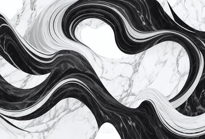 The primary subject of the image is a black and white marble pattern. The setting is a white marble surface, which serves as the background. The visual style is a combination of a photo and digital art, creating a unique and intricate design. The colors and mood of the image are predominantly black and white, giving it a classic and elegant appearance.