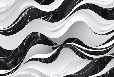 The primary subject of the image is a white and black marble wall with a pattern of swirls and waves. The setting is a black and white marble surface, which adds to the visual style of the image. The overall atmosphere is elegant and sophisticated, with the swirls and waves creating a sense of depth and texture.