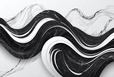 The primary subject of the image is a black and white artwork featuring a wave-like pattern. The setting is a white wall, and the visual style appears to be a combination of digital art and illustration. The dominant colors are black and white, creating a classic and timeless atmosphere.