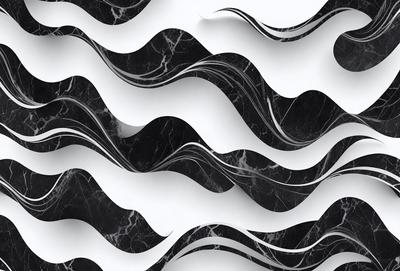 The primary subject of the image is a black and white marble pattern. The setting is a white wall, and the visual style is a combination of a photo and digital art. The dominant colors are black and white, creating a classic and elegant atmosphere.