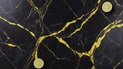 The primary subject of the image is a close-up of a black and yellow marble countertop. The setting is a kitchen, with a lemon placed on the countertop. The visual style is a photo, capturing the intricate patterns and textures of the marble. The dominant colors are black and yellow, creating a striking contrast. The overall atmosphere is elegant and sophisticated, reflecting the luxurious nature of the marble countertop.