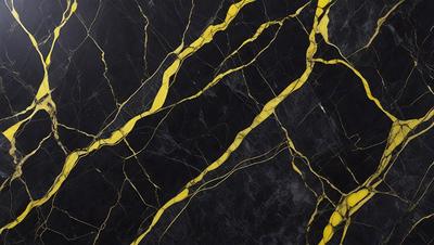 The primary subject of the image is a black and yellow marble pattern. The setting is a black background, and the visual style appears to be a photo. The dominant colors are black and yellow, creating a bold and striking pattern.