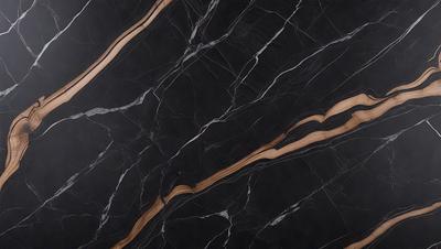 The primary subject of the image is a marble countertop with a black and white pattern. The setting is a kitchen, and the visual style is a close-up of the countertop. The colors and mood of the image are predominantly black and white, giving it a classic and elegant appearance.