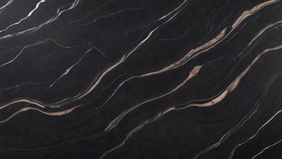 The primary subject of the image is a black marble countertop with a pattern of white streaks. The setting is a kitchen, and the visual style is a close-up of the marble countertop. The colors and mood of the image are predominantly black and white, giving it a sleek and modern appearance.