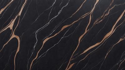 The primary subject of the image is a marble countertop with a black and white pattern. The setting is a kitchen, and the visual style is a close-up of the countertop. The colors and mood of the image are predominantly black and white, giving it a classic and elegant appearance.