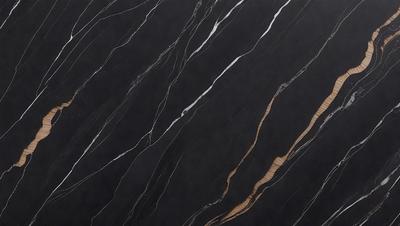 The primary subject of the image is a black marble countertop. The setting is a kitchen, with the countertop being the main focus of the scene. The visual style is a close-up of the marble countertop, showcasing its texture and pattern. The colors and mood of the image are dark and moody, with the black marble countertop being the dominant color.