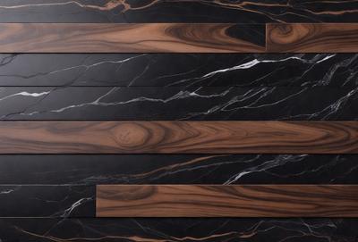 The primary subject of the image is a marble countertop with a wood grain pattern. The setting is a kitchen, and the visual style is a close-up of the countertop. The colors and mood of the image are predominantly black and brown, giving it a sophisticated and elegant appearance.