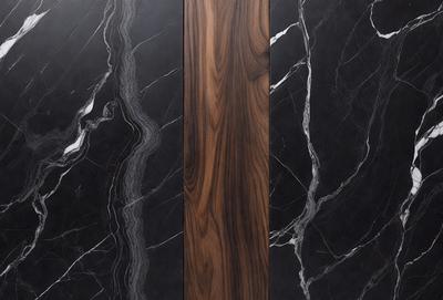 The primary subject of the image is a wooden panel, which is the main object in the scene. The setting is a black and white marble wall, creating a contrasting backdrop. The visual style is a photo, capturing the wooden panel and the marble wall. The dominant colors are black and white, giving the image a classic and elegant atmosphere.