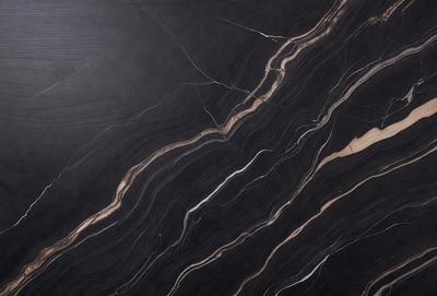 The primary subject of the image is a marble countertop with a black and white pattern. The setting is a kitchen, and the visual style is a close-up of the countertop. The colors and mood of the image are predominantly black and white, giving it a classic and elegant appearance.