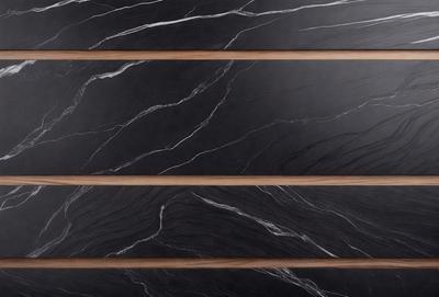 The primary subject of the image is a marble countertop with a black and white pattern. The setting is a kitchen, and the visual style is a close-up of the countertop. The colors and mood of the image are predominantly black and white, giving it a classic and elegant appearance.