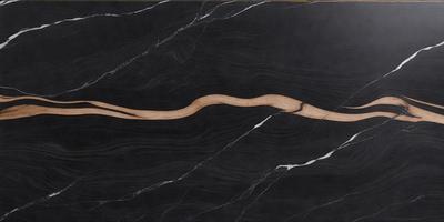 The primary subject of the image is a wooden stick or branch, which is the main object in the scene. The setting is a black marble countertop or table, providing a contrasting background. The visual style appears to be a close-up of the wooden stick, possibly a photo or a digital art piece. The colors in the image are predominantly black, giving the scene a dark and moody atmosphere.