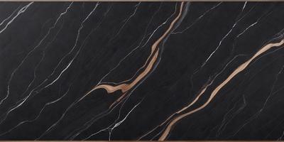 The primary subject of the image is a black marble countertop with a wood grain pattern. The setting is a kitchen, and the visual style is a close-up of the marble countertop. The colors and mood of the image are dark and dramatic, with the black marble and wood grain pattern creating a striking contrast against the black background.