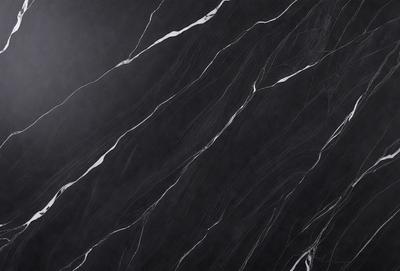 The primary subject of the image is a marble countertop with a black and white pattern. The setting is a kitchen, and the visual style is a close-up of the marble countertop. The colors and mood of the image are predominantly black and white, giving it a classic and elegant appearance.