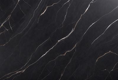 The primary subject of the image is a black marble countertop with a pattern of white streaks. The setting is a kitchen, and the visual style is a close-up of the marble countertop. The colors and mood of the image are predominantly black and white, giving it a sleek and modern appearance.